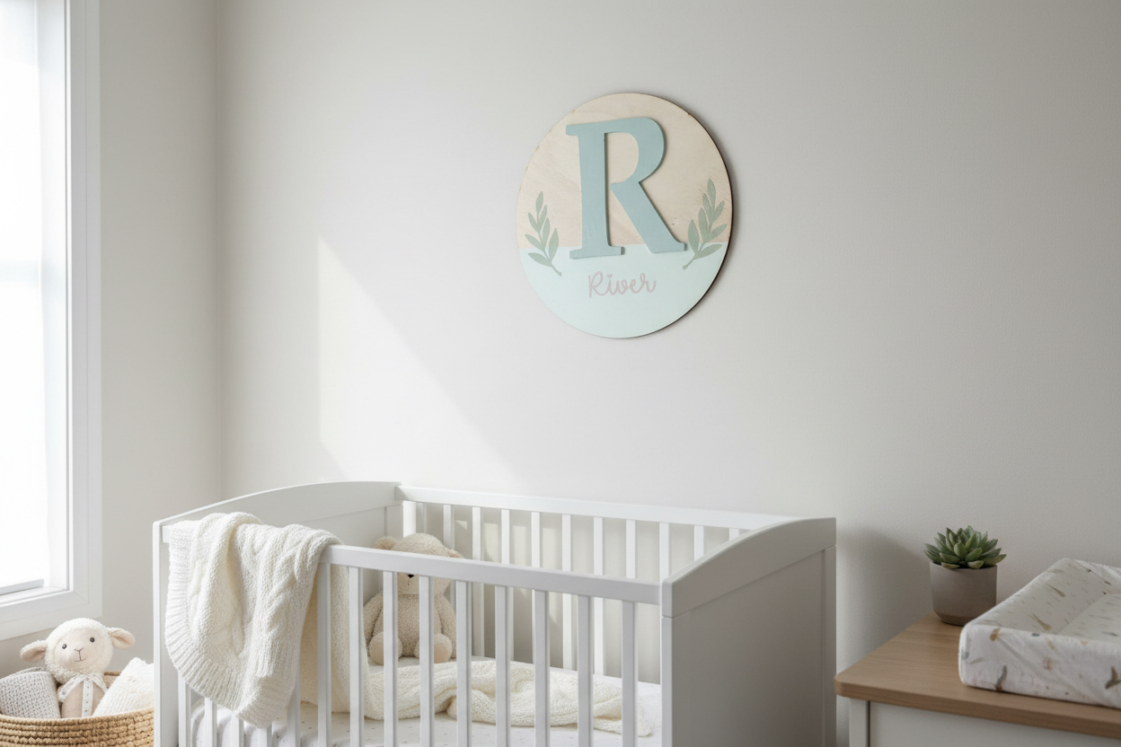Personalised initial and name wooden sign in nursery setting