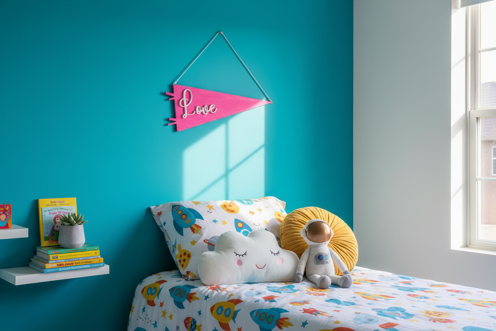 Personalised pennant flag in bright child's bedroom 1