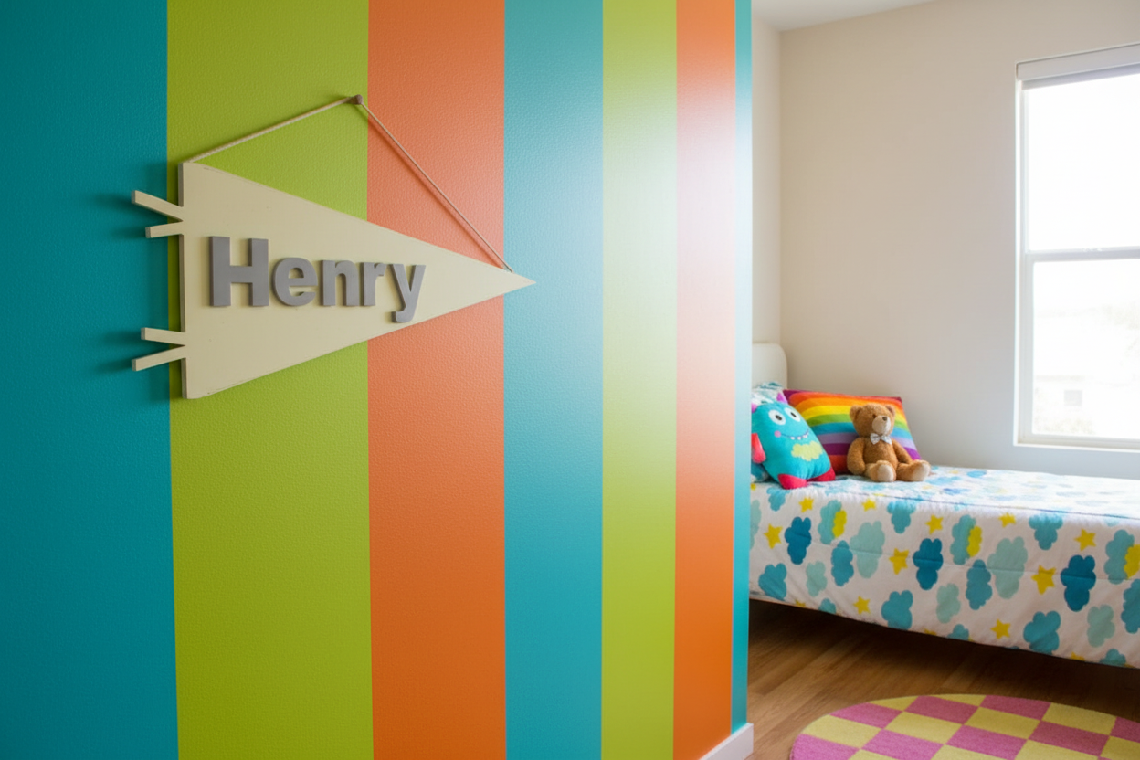 Personalised pennant flag in bright child's bedroom 2