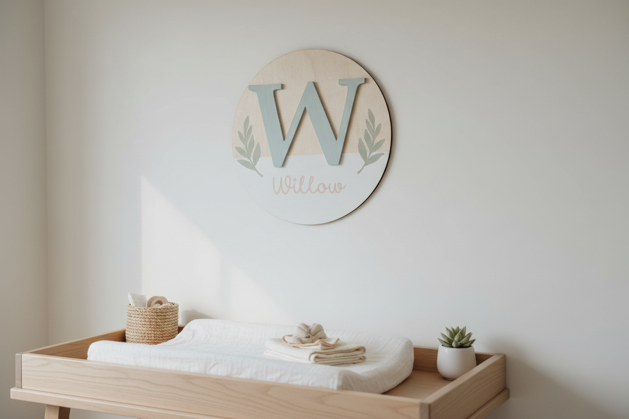 Personalised wooden sign with name Willow in nursery setting