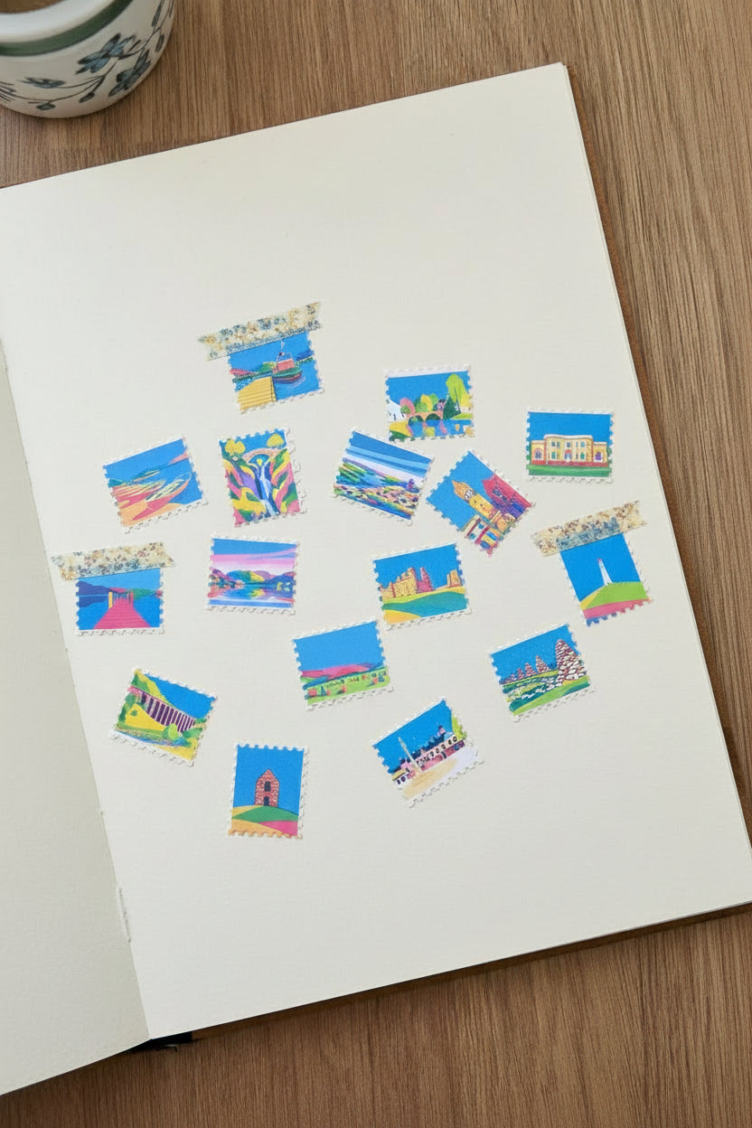 Cumbria towns, lakes and fells bright stamp shaped stickers
