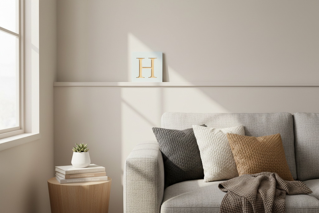 Wooden initial wall art in living room