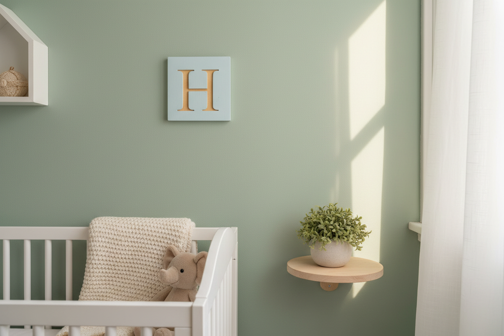 Wooden initial wall art in styled room