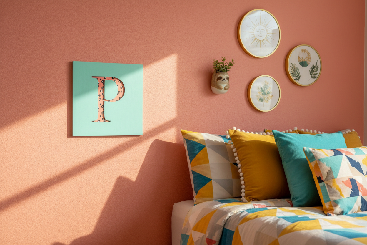 Wooden initial wall art with fabric in colourful bedroom