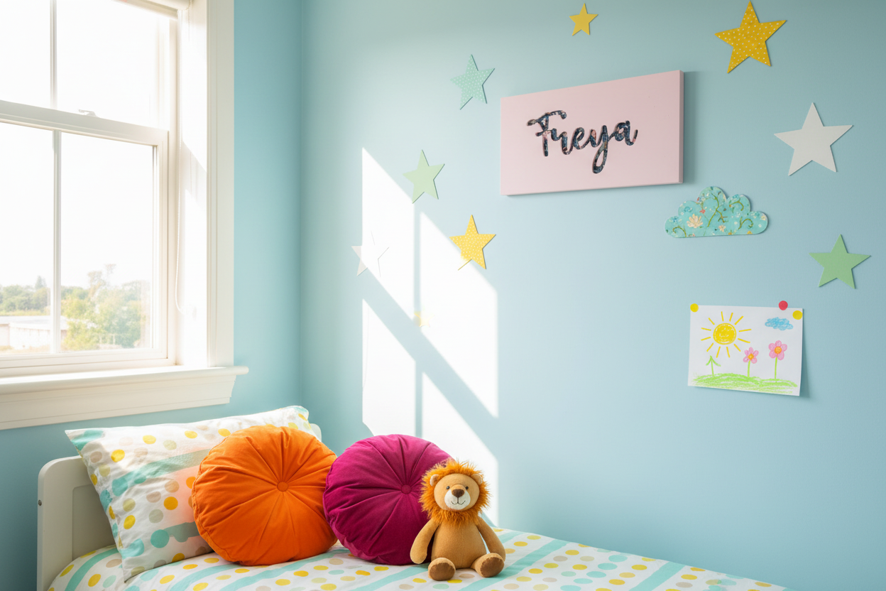 Wooden name wall art with fabric in bright child's bedroom